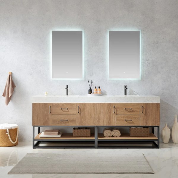 Alistair Double Vanity in North American Oak with White Grain Stone Countertop 84Black"